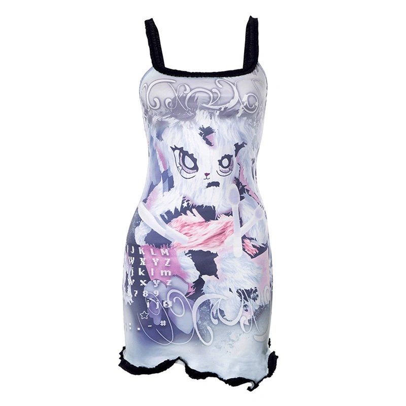 Women Sleeveless Mini Dress Cartoon Print Bodycon Party Dress 