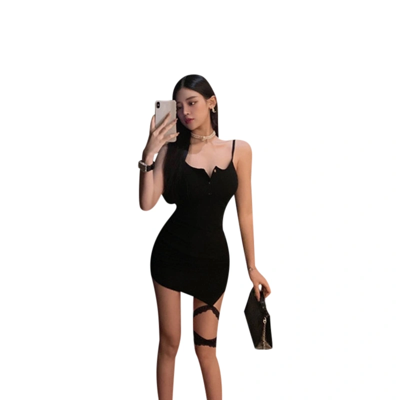 Women Spaghetti Strap Bodycon Dress Summer Ribbed Button Party Dress