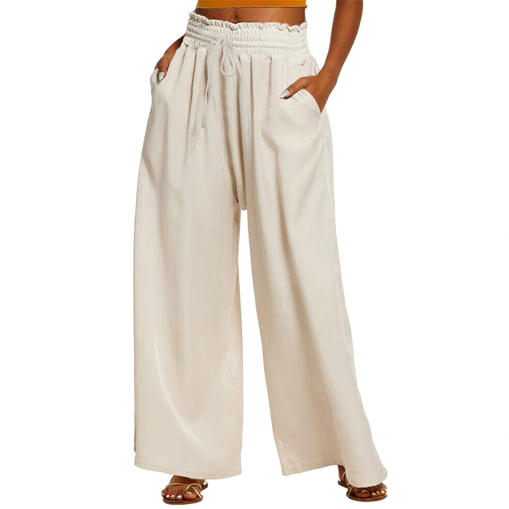 Women Wide-Leg Pants Solid Color Drawstring High Waist Trousers