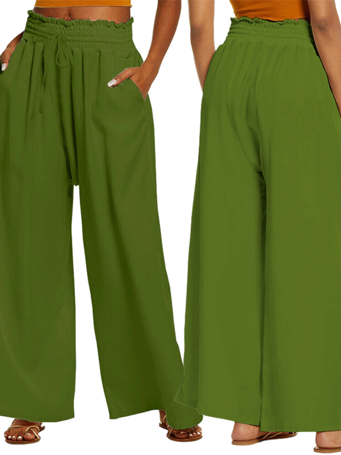 Women Wide-Leg Pants Solid Color Drawstring High Waist Trousers