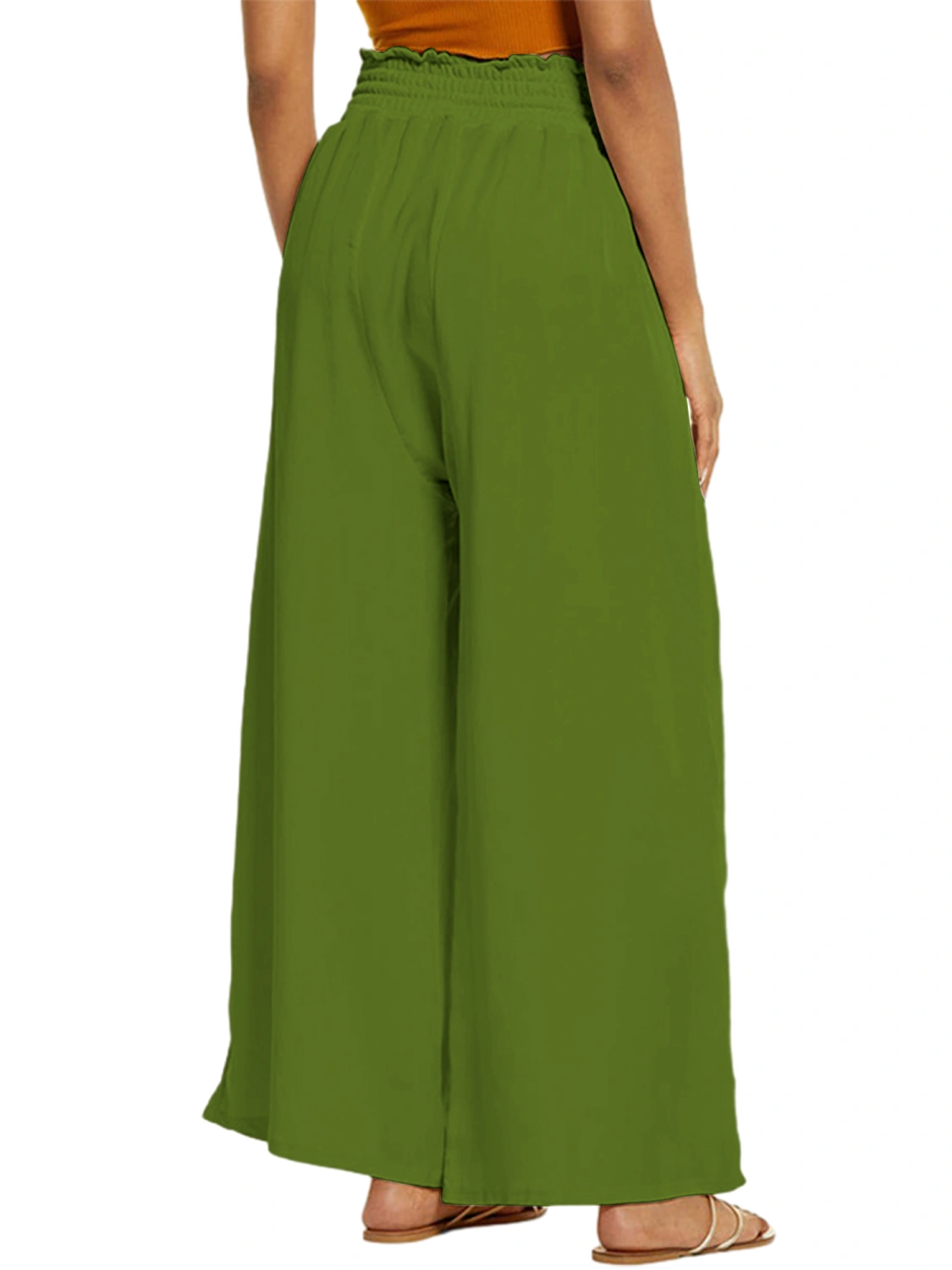 Women Wide-Leg Pants Solid Color Drawstring High Waist Trousers