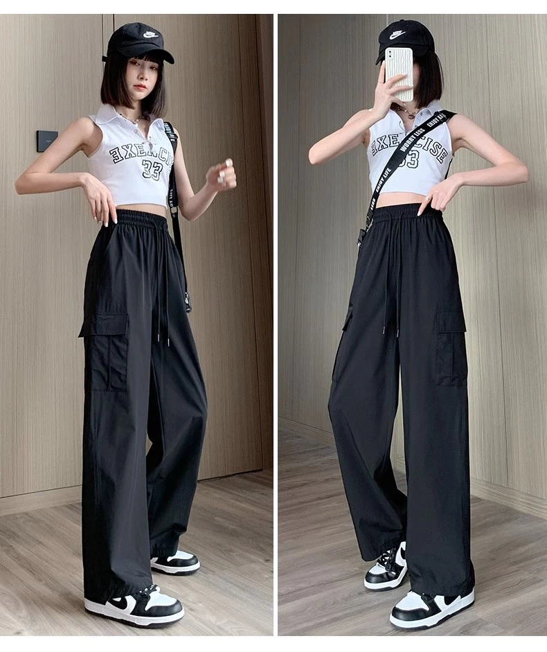Women's Casual Cargo Pants, Solid Color High Waist Loose Trousers
