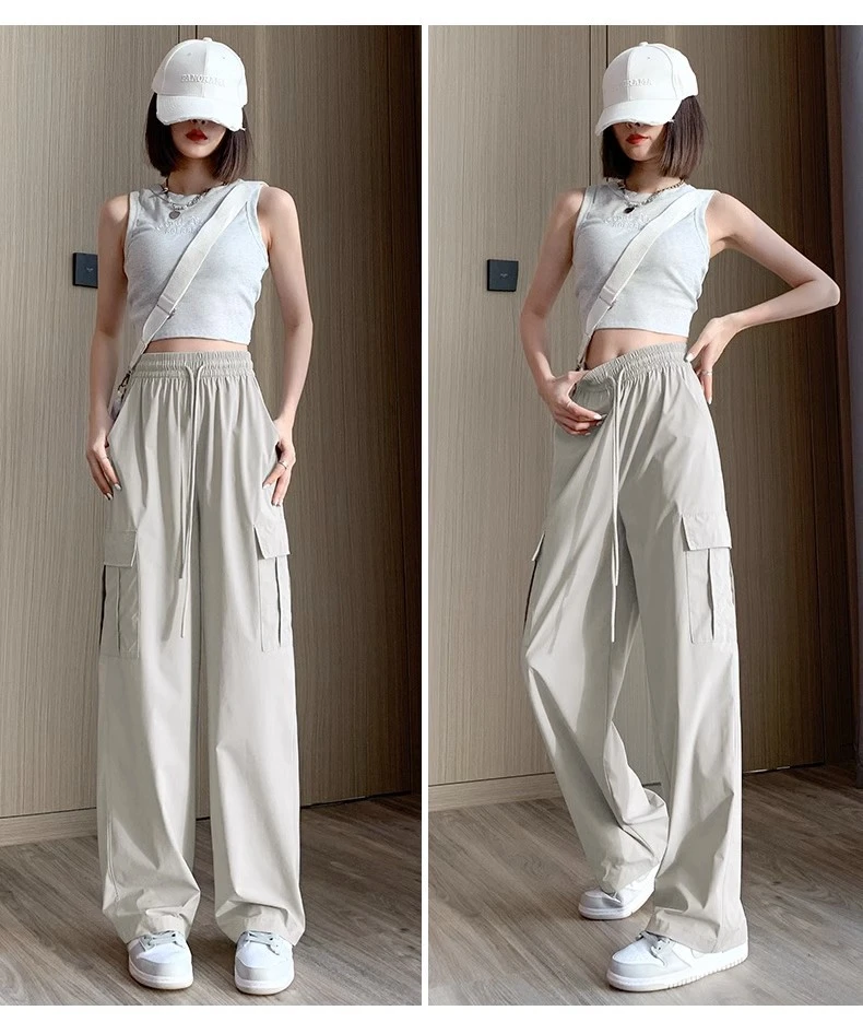 Women's Casual Cargo Pants, Solid Color High Waist Loose Trousers