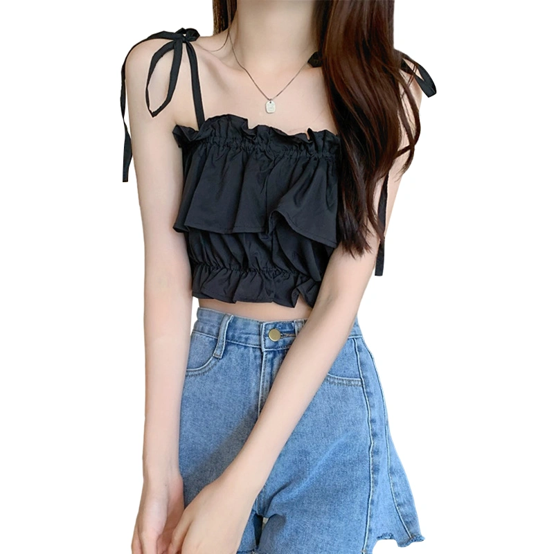 Women Summer Crop Camisoles, Sling Plain Ruffle Ruched Short Tops