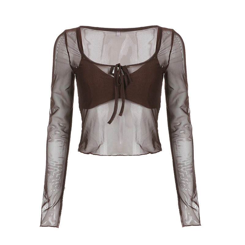 Women's Spring Brown V Neck Tube Tops + Long Sleeve Sheer Blouse