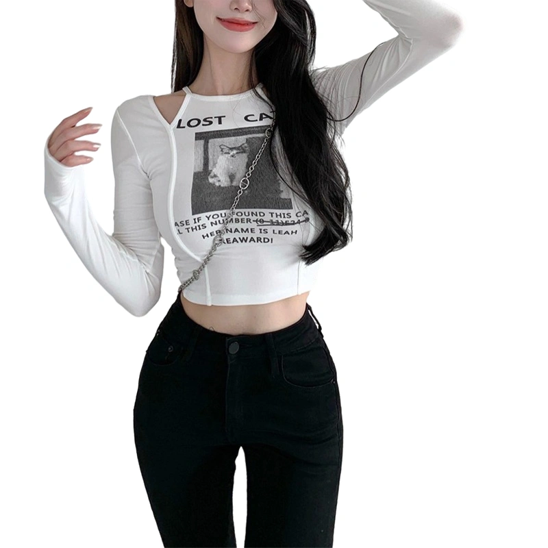 Women's Halter Neck Long Sleeve Cat Letter Print Cutout Crop Tops