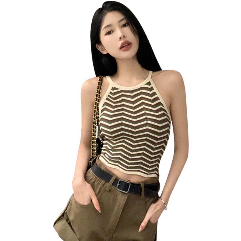 Women’s Halter Crop Tops Sleeveless Wavy Stripes Print Camisole Tops