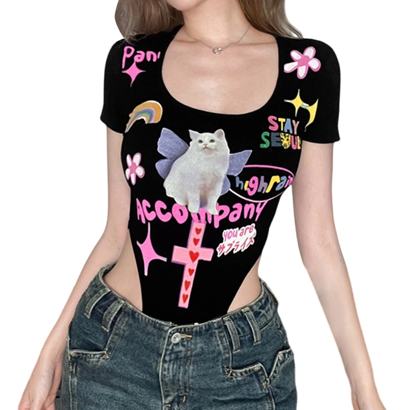 Women’s Cartoon Print Bodysuit Short Sleeve High Cut Playsuit