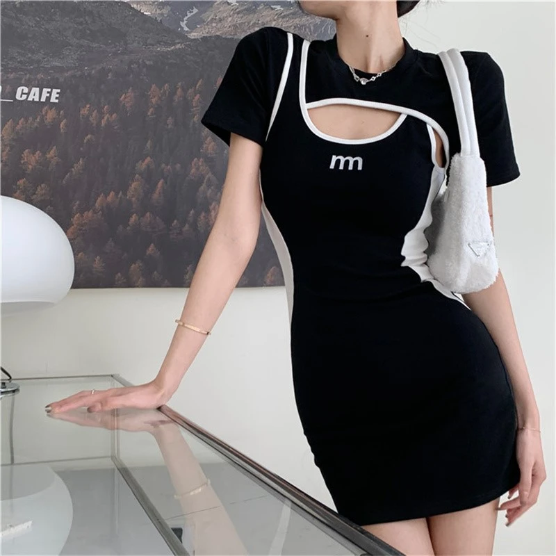 Ladies Mini Dress Fake Two Piece Patchwork Contrast Letter Slim Dress 