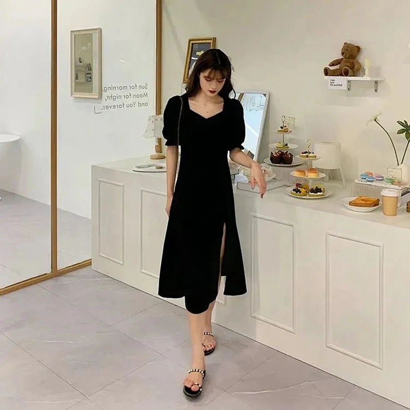 Women Summer Dress, Solid Color Short Puff Sleeves Short/Long Skirt