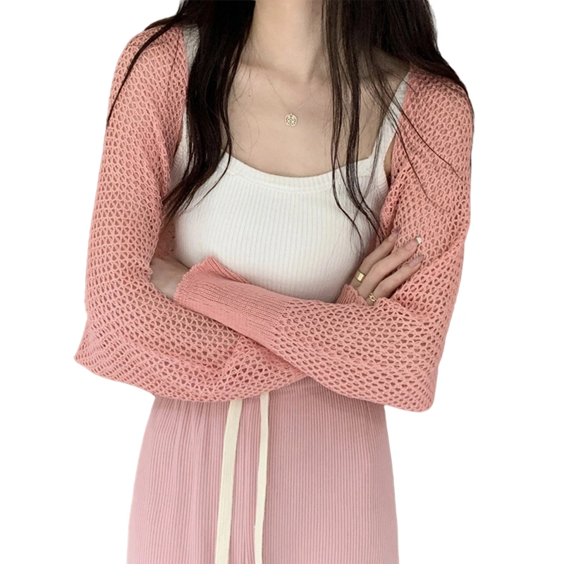 Women Open Front Knit Cardigan, Long Sleeve Hollow Out Crop Tops 