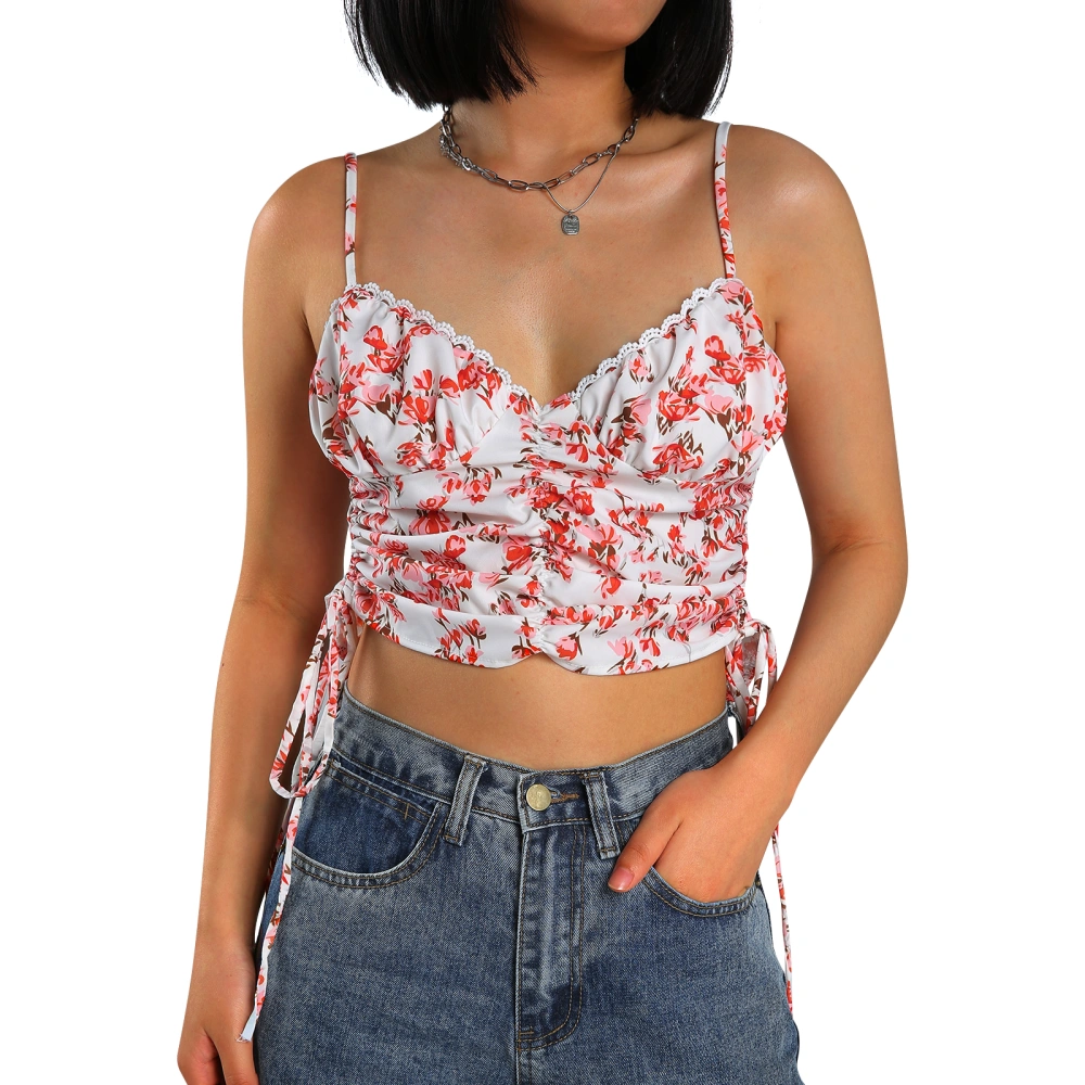 Ladies Midriff-baring Camisole, Printing Drawstring Sleeveless Top