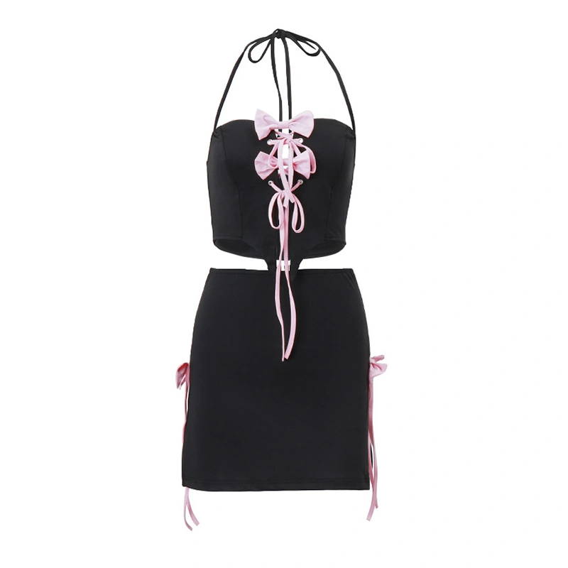 Women Skirt Set, Tie-up Halterneck Backless Bow Vest Slit Mini Skirt