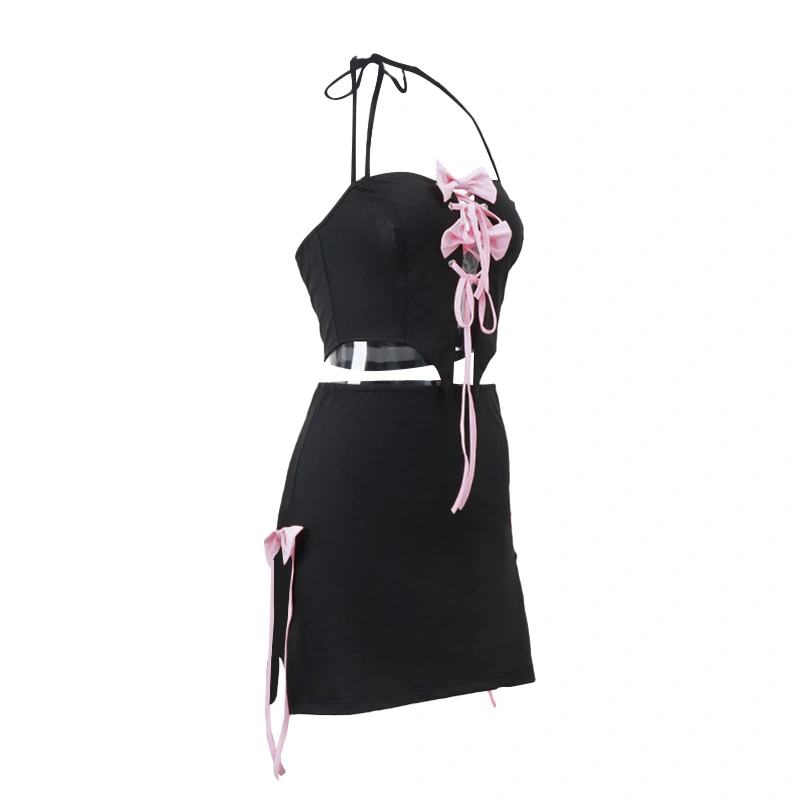 Women Skirt Set, Tie-up Halterneck Backless Bow Vest Slit Mini Skirt