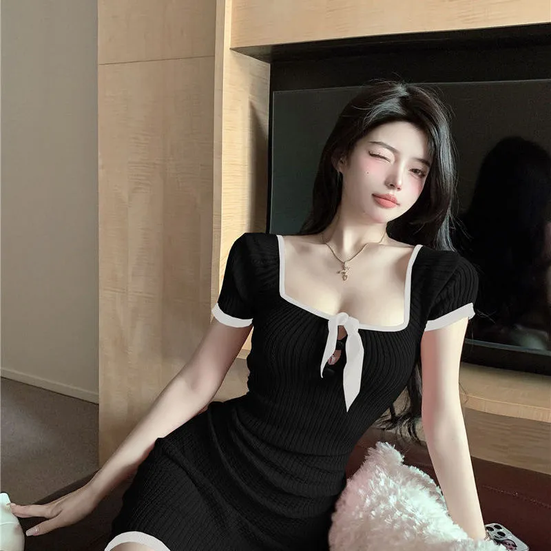 Women Mini Bodycon Dress Contrast Color Bowknot Backless Dress