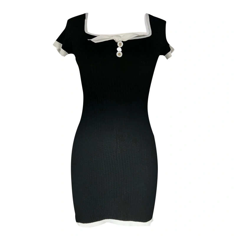 Women Mini Bodycon Dress Contrast Color Bowknot Backless Dress