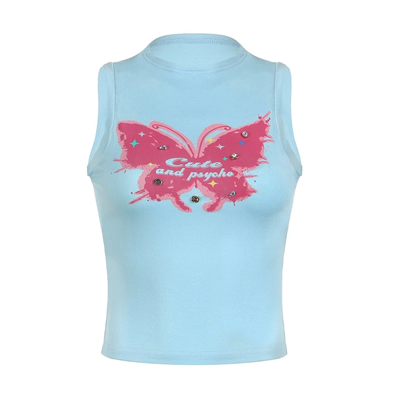 Women Tank Tops Rhinestone Butterfly Print Mock Neck Sleeveless Vests