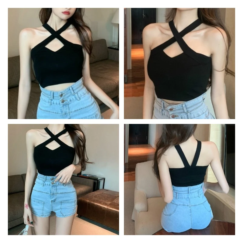 Women Close-fitting Crop Tops, Solid Color Off-the-shoulder Vest