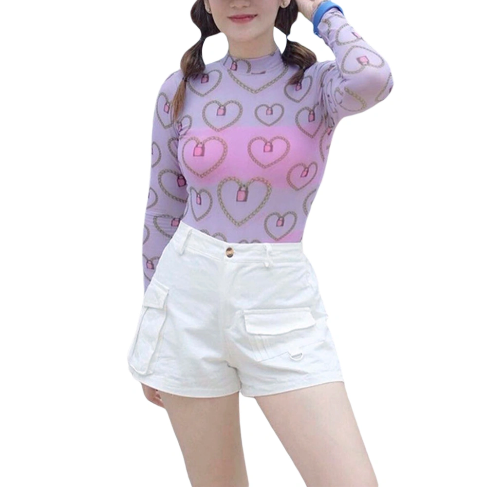 Women's Spring Summer Long Sleeve High Neck Heart Print Bodysuit