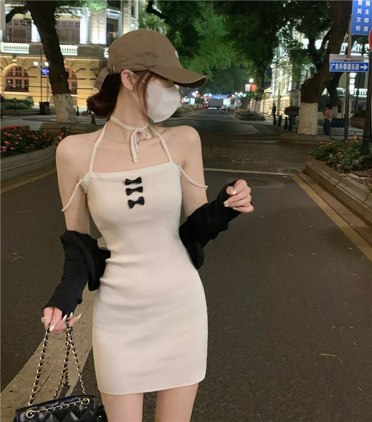 Women Dress Halter Tie-up Collar Pearl Chains Bowknot Skinny Dresses