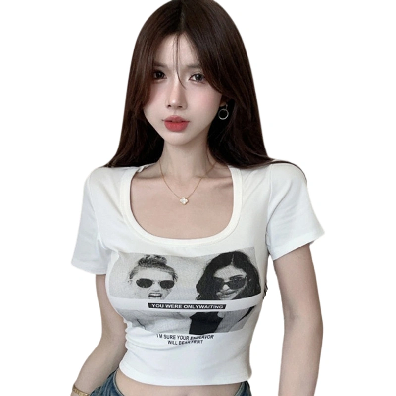 Women T-shirt, Short Sleeve U Neck Portrait Print Ladies Crop Top