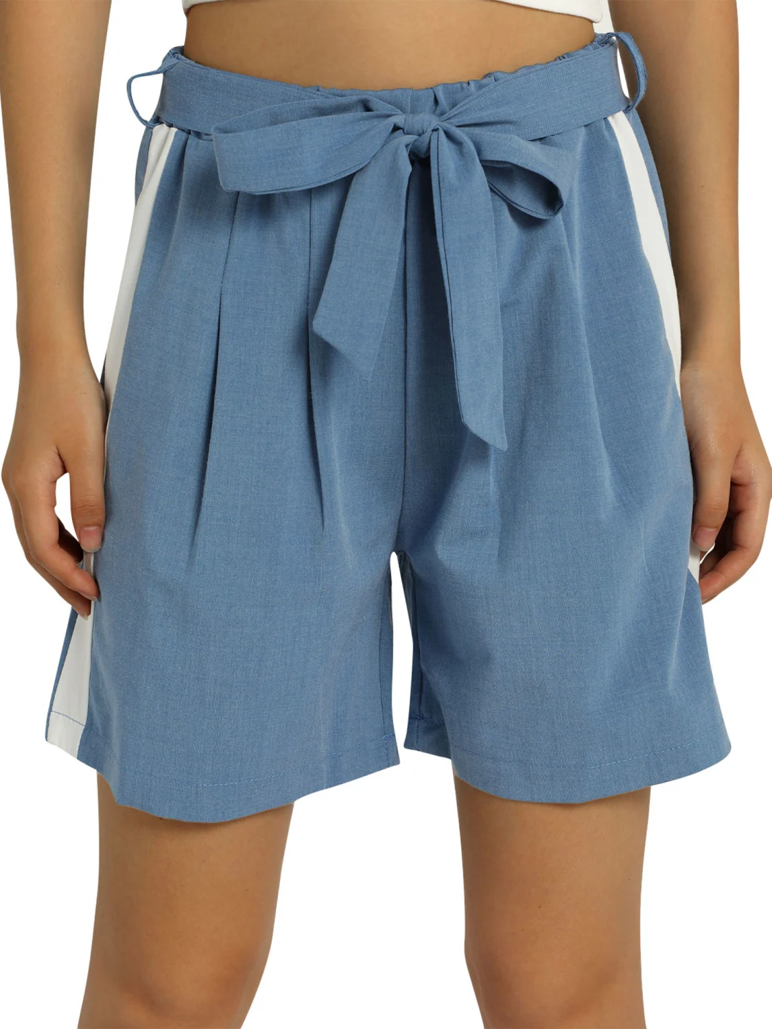 Female Short Pants, High Waist Straight-Leg Pants with Waist Belt