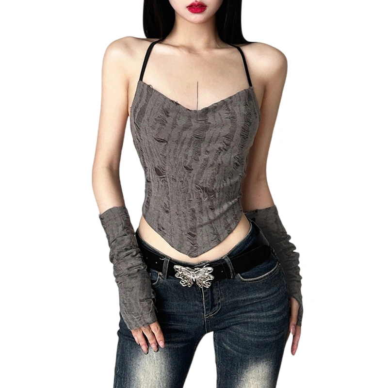 Women Halter Top, Tie-up Sleeveless Ripped Vest with Oversleeves