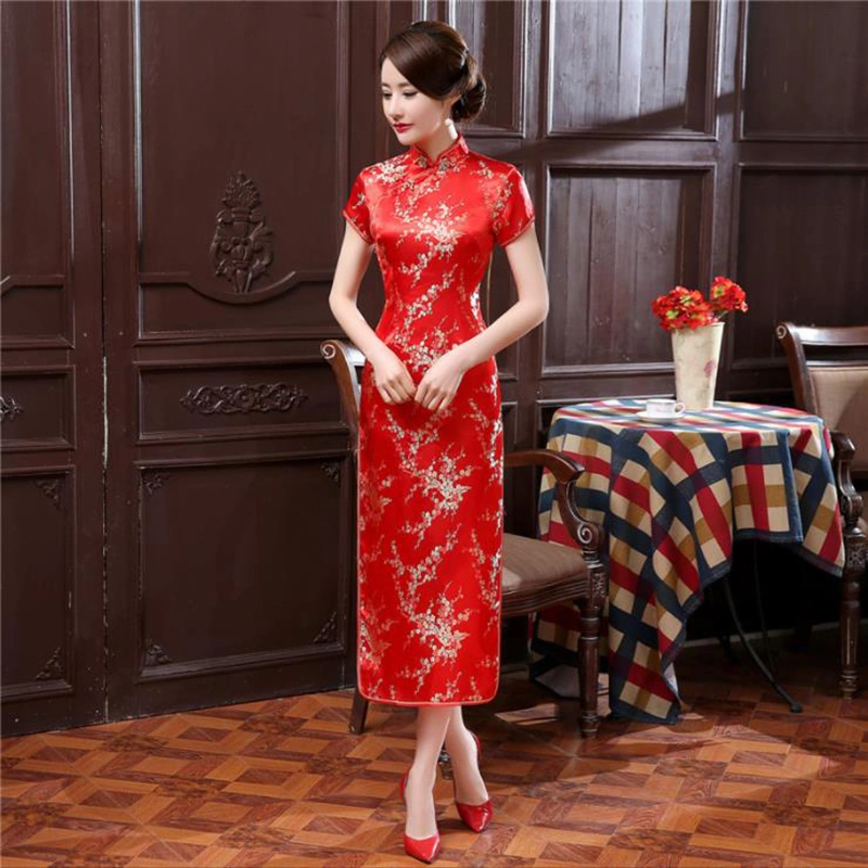 Female Long Dress, Flower Print Stand Collar Short Sleeve Cheongsam