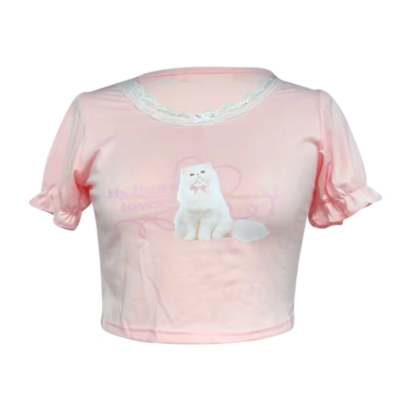 Women Crop Short Sleeves Tops Cat Print Lace Patchwork Basic T-Shirts