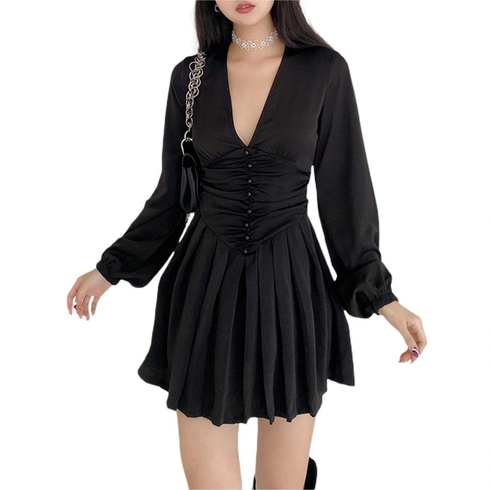 Women Pleated Dress, Ruched Solid Color Long Sleeve V-Neck One-piece