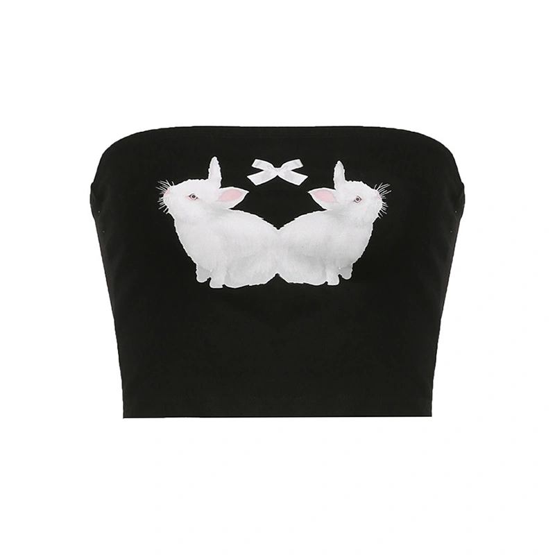 Women Crop Tube Tops Bunny Print Strapless Bandeau Backless Shirts