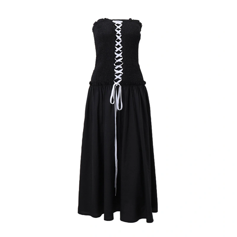 Women Summer Long Dress Ruched Cross Tie-Up Strapless Tube Dress