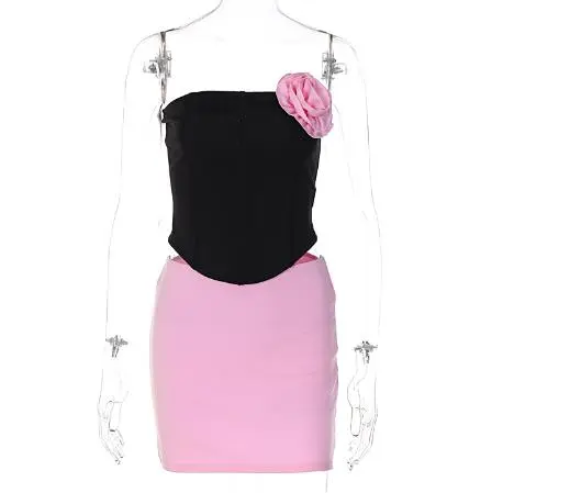 Women Skirt Set, Strapless Backless Flower Tube Top with Bodycon Skirt