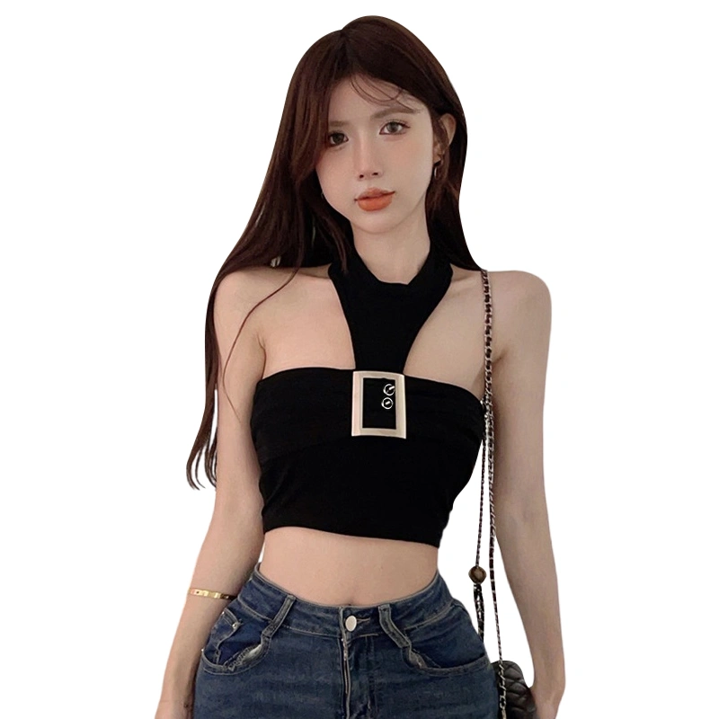 Women's Summer Black Halter Neck Metal Buckle Decor Cami Tops