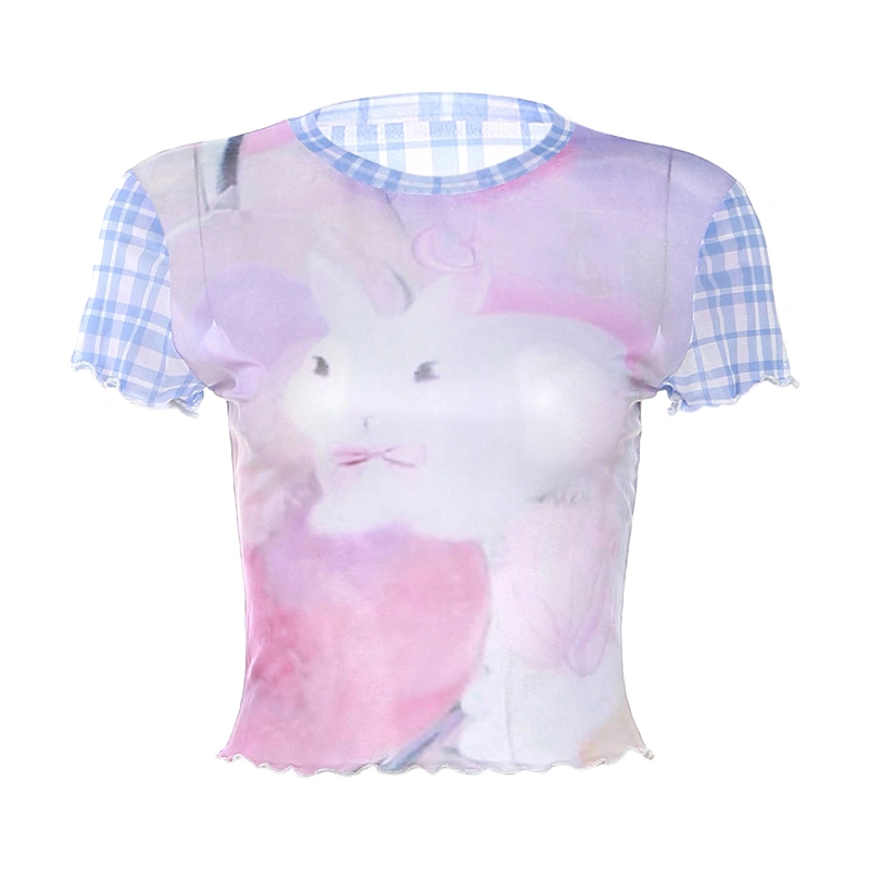 Women's Short Sleeve Bunny Print Short Sheer Mesh Going Out Tops