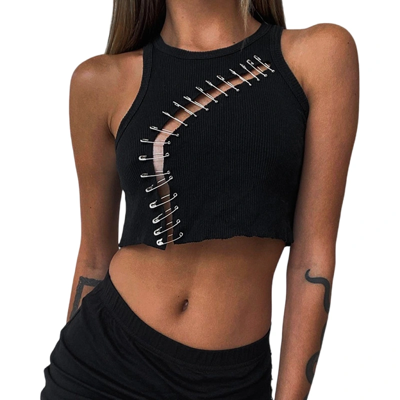 Women Irregular Tank Tops Summer Pin Cutout Sleeveless Basic T-shirt