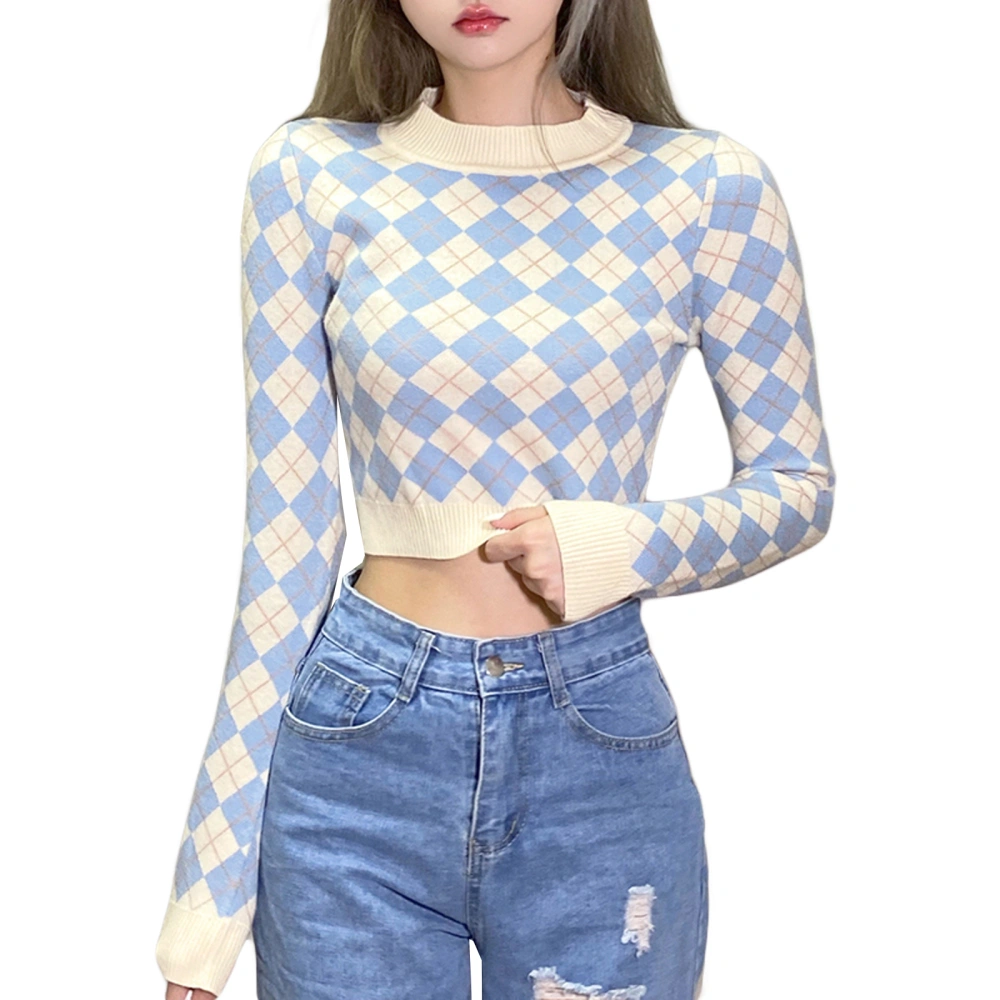 Girls Long Sleeve Knitwear, Diamond Plaid Round Collar Short Sweater