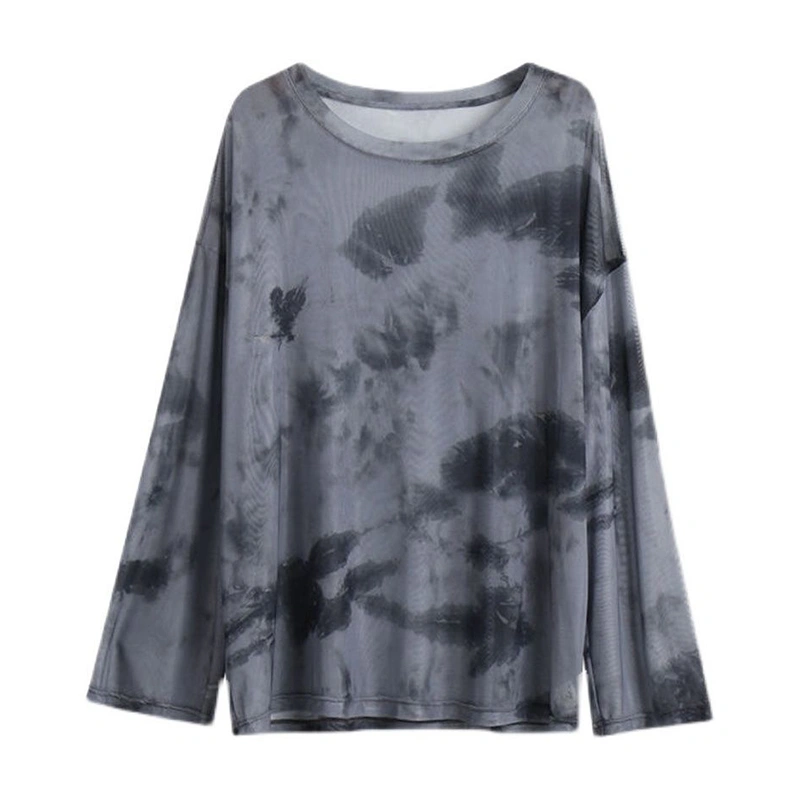 Women Long Sleeve T-Shirts Tie-Dye Print Crew Neck Sunscreen Shirts