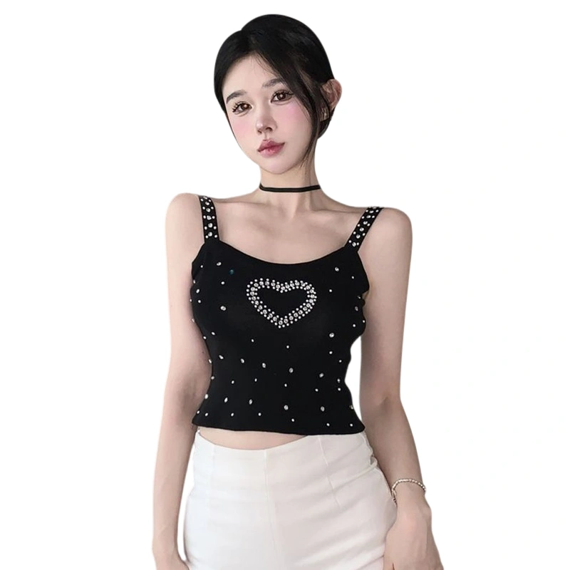 Women Heart Rhinestone Camisoles Sleeveless Backless Tank Tops