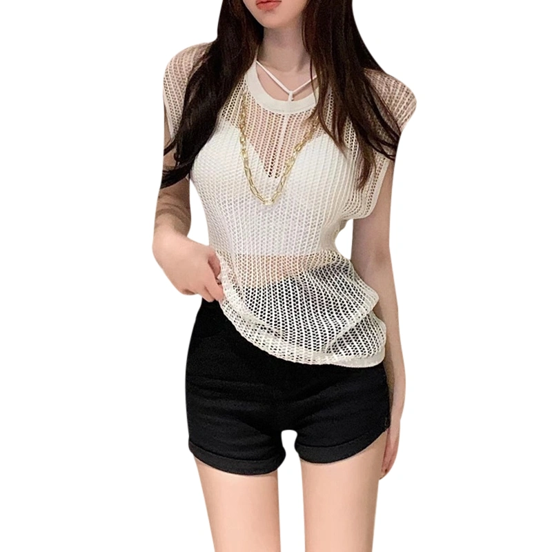 Women's Summer Shirts, Loose Fishnet Tank Tops + Chain Necklace Set