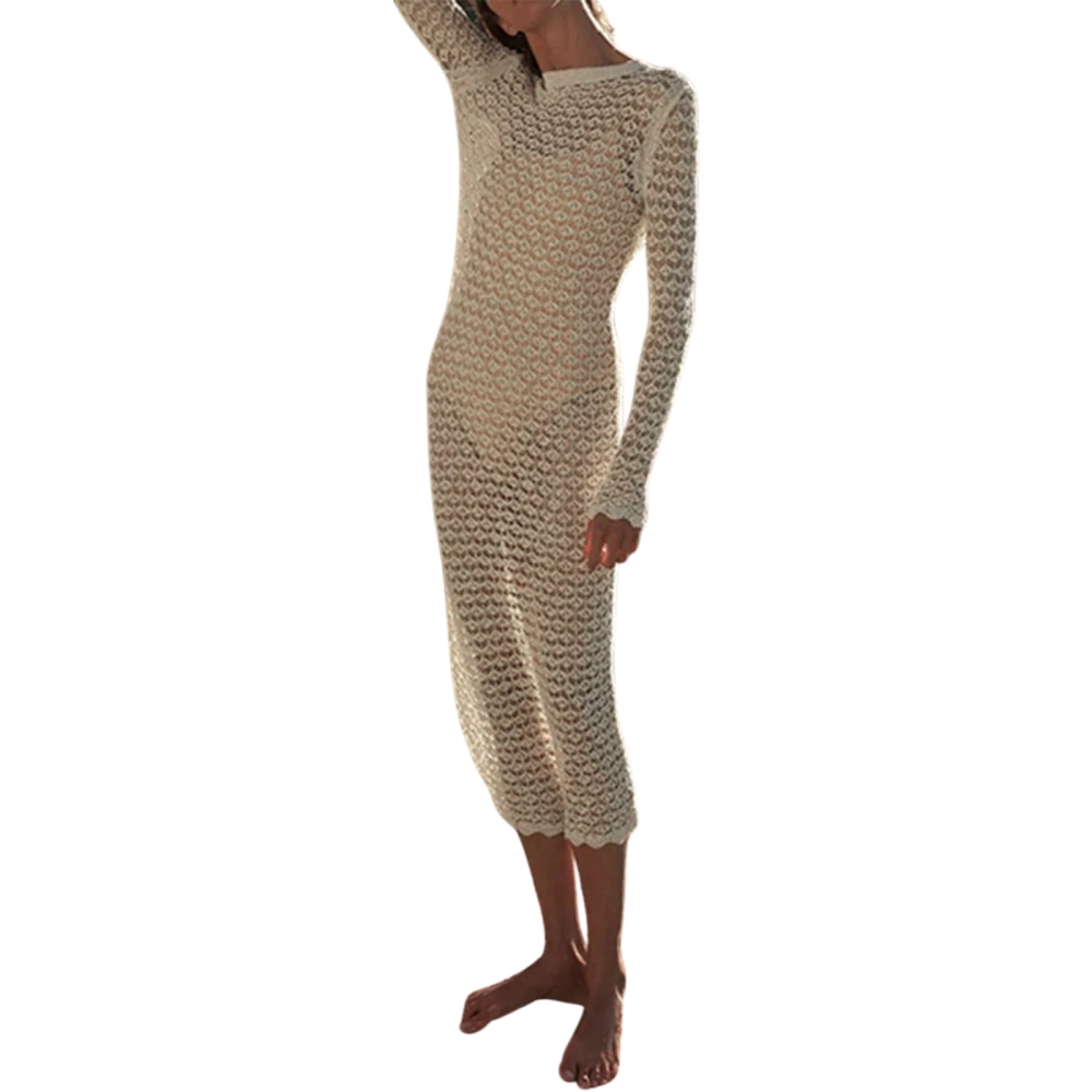 Women Knitted Cover Up Dress Long Sleeve Hollowed Party Beach Dress