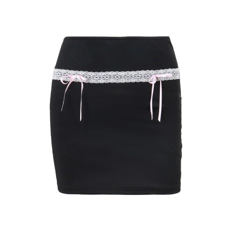 Women Bodycon Skirt Lace Patchwork Bow Bandage Elastic Mini Skirt