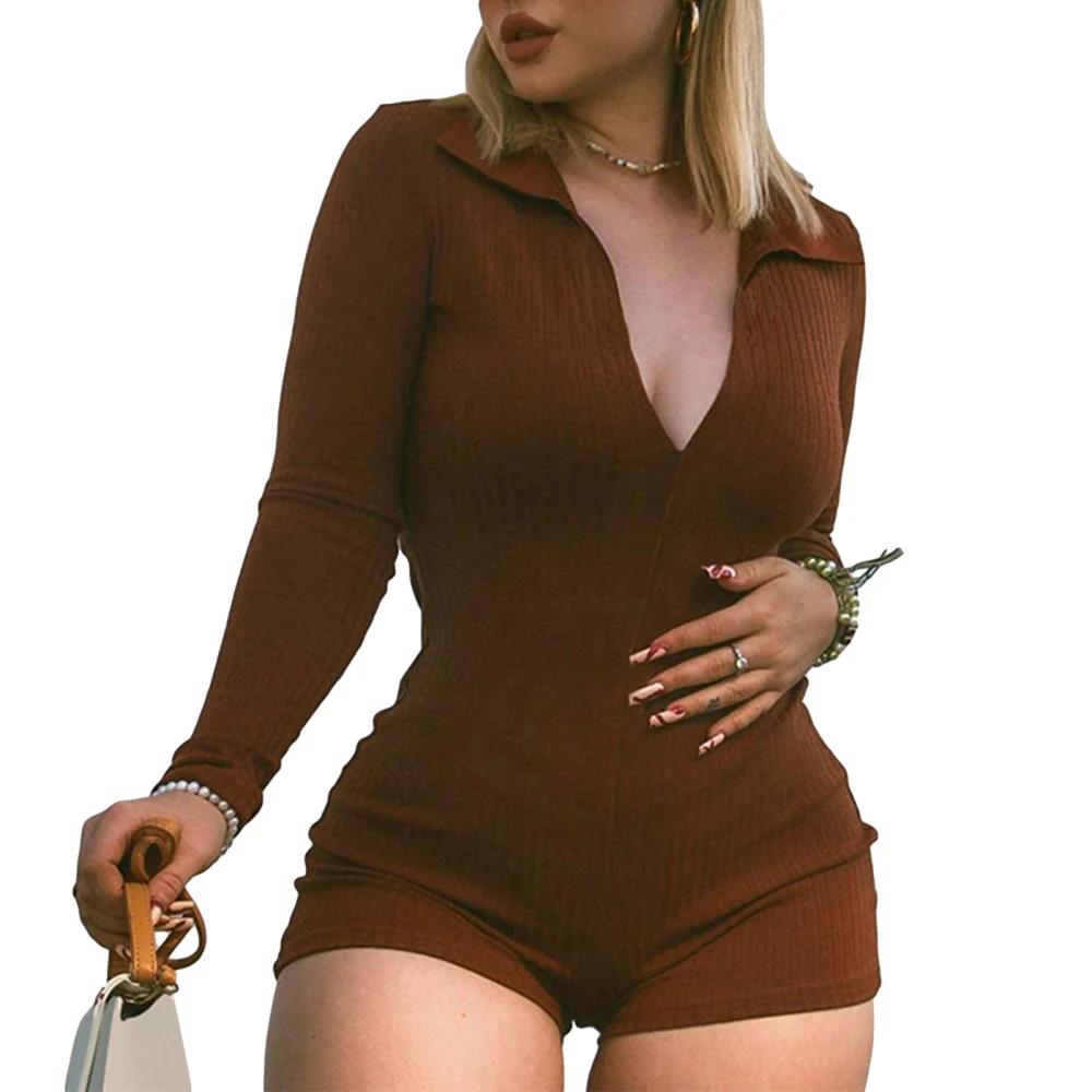 Women’s Solid Color V-neck Long Sleeve High Waist Tight Jumpsuit