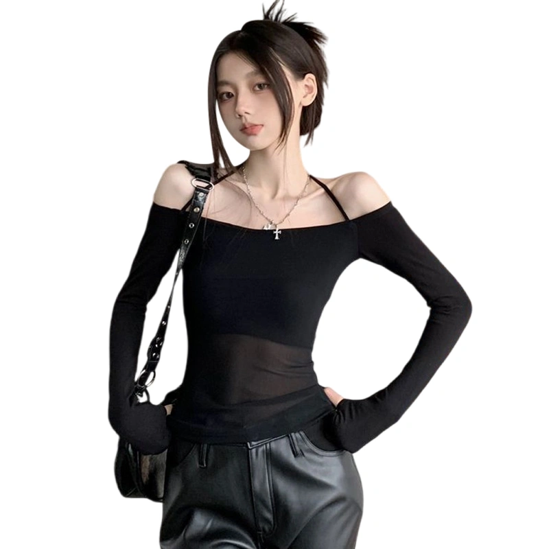 Women's Off Shoulder Tops Long Sleeve Halter Neck Slim Fit T-Shirts 