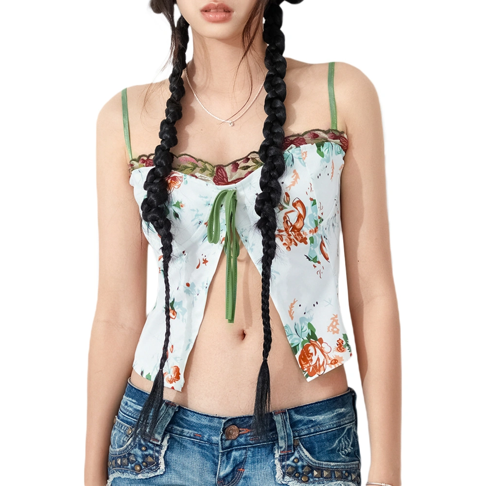 Women's Split Crop Cami Tops Spaghetti Strap Tie Front Floral Camisole