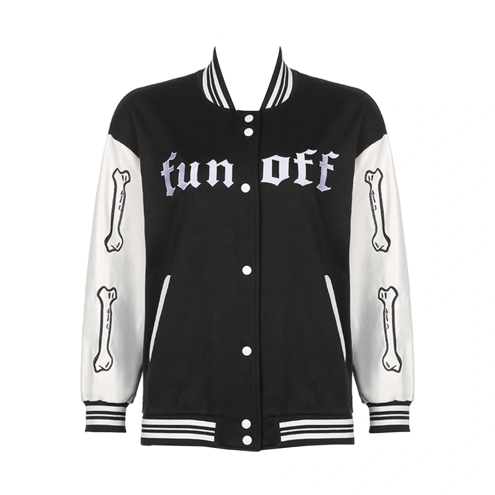 Women’s Bone Letter Embroidery Snap Long Sleeve Jacket with Pocket