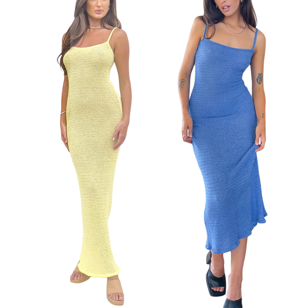 Women Long Bodycon Dress Solid Color Knitted Sleeveless Dress