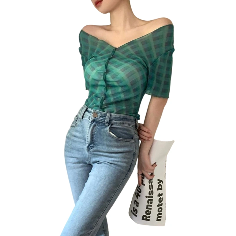 Women's Summer V Neck Tops, Short Sleeve Plaid Print Frill T-Shirts