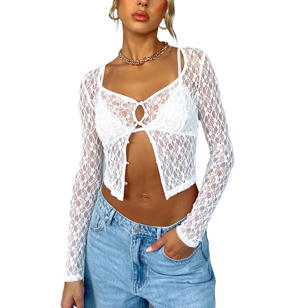 Women Button Up Shirts Lace See Through Long Sleeve Crop Cardigan