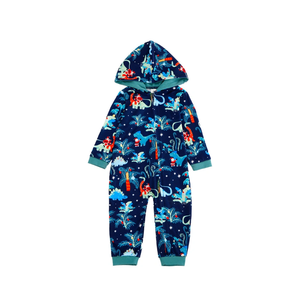 Christmas Parent-child Pajamas, Hooded Cartoon Print Zipper Jumpsuit